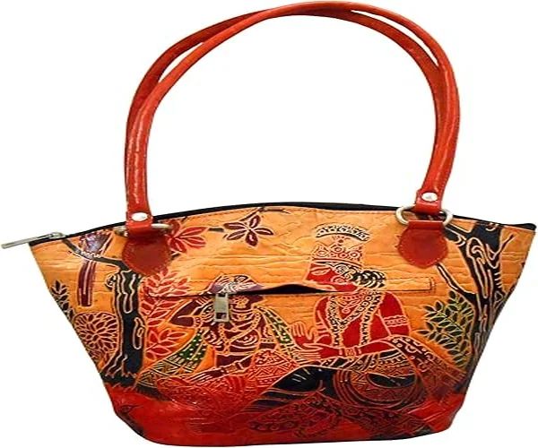Divine Lovers Radha Krishna Design Ethnic Hand Embossed Shantiniketan Leather Indian Hand Bag