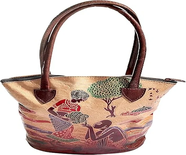 Pure Leather Boho Hand-Bag from Shantiniketan Kolkata, Hand-Carved and Hand-Painted with Non-Toxic