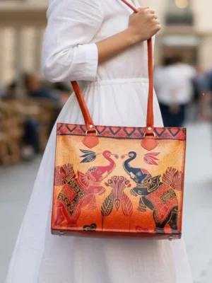 Twin Royal Elephants Design Ethnic Hand Embossed Shantiniketan Leather Shoulder Bag