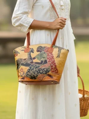 Shankuntala Loving Deer Design Ethnic Hand Embossed Shantiniketan Leather Hand Bag