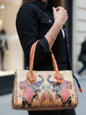 Twin Royal Elephants ethnic traditional - Shantiniketan Leather Shoulder Bag