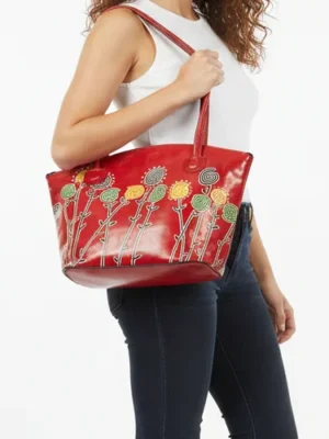 Craftsofindia® Red Shantiniketan Leather Small Shoulder Bag with Floral Design