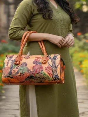 Crafts of India Divine Lovers Radha Krishna Design Ethnic Hand Embossed Shantiniketan Leather Bag