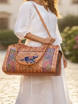 ZINTLeathers Handmade Indian Shantiniketan Leather Spacious Handbag with Elephant Print