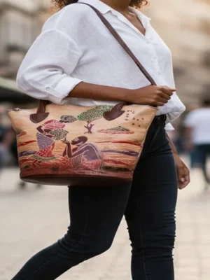 Pure Leather Boho Hand-Bag from Shantiniketan Kolkata, Hand-Carved and Hand-Painted with Non-Toxic