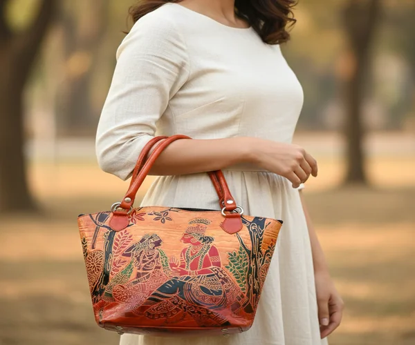 Divine Lovers Radha Krishna Design Ethnic Hand Embossed Shantiniketan Leather Indian Hand Bag