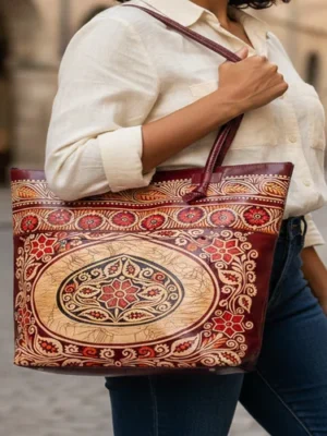 ZINTLeathers Women's Leather Shantiniketan Batik Designed Bag