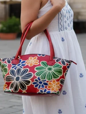Colorful Blooming Flowers Red Colored 100% Pure Shantiniketan Leather Bag