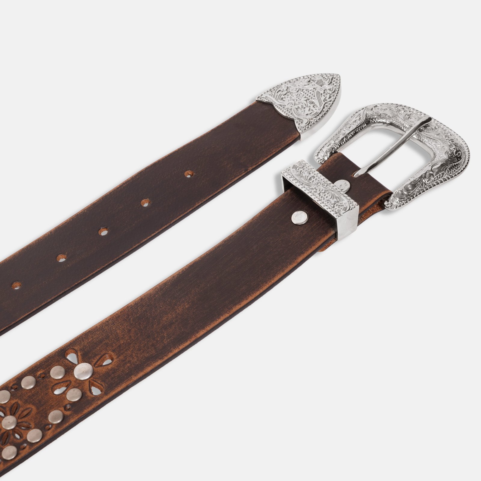 Vintage Brown Genuine Leather Belt with Engraved Silver Buckle for Men & Women - Image 3