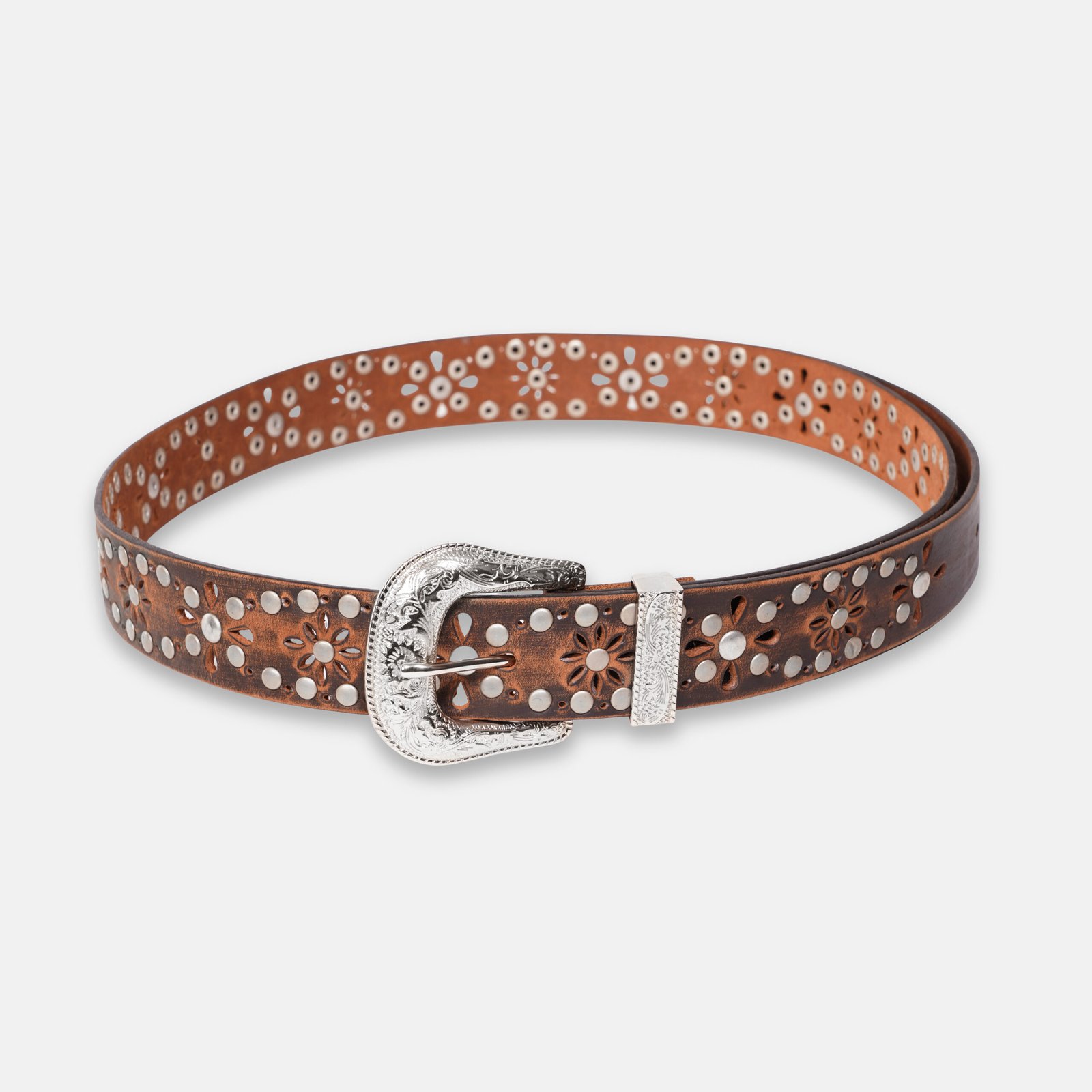 Vintage Brown Genuine Leather Belt with Engraved Silver Buckle for Men & Women - Image 2