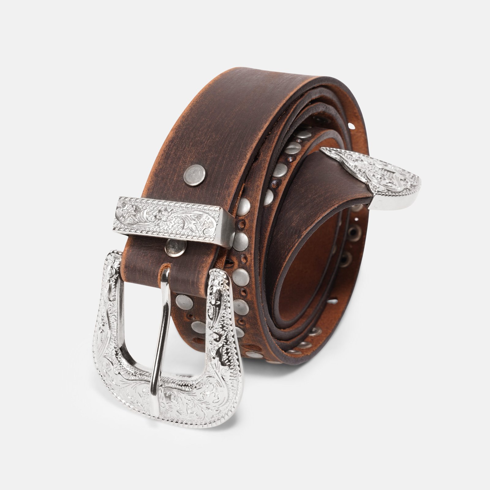 Vintage Brown Genuine Leather Belt with Engraved Silver Buckle for Men & Women - Image 4