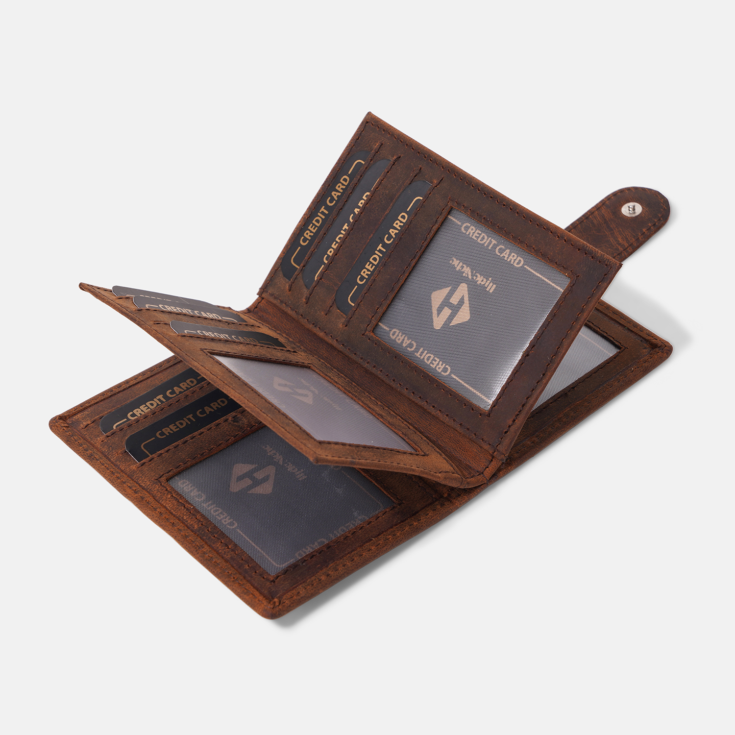 Premium Brown Leather Multi-Card Wallet with ID Windows & Snap Closure - Image 3