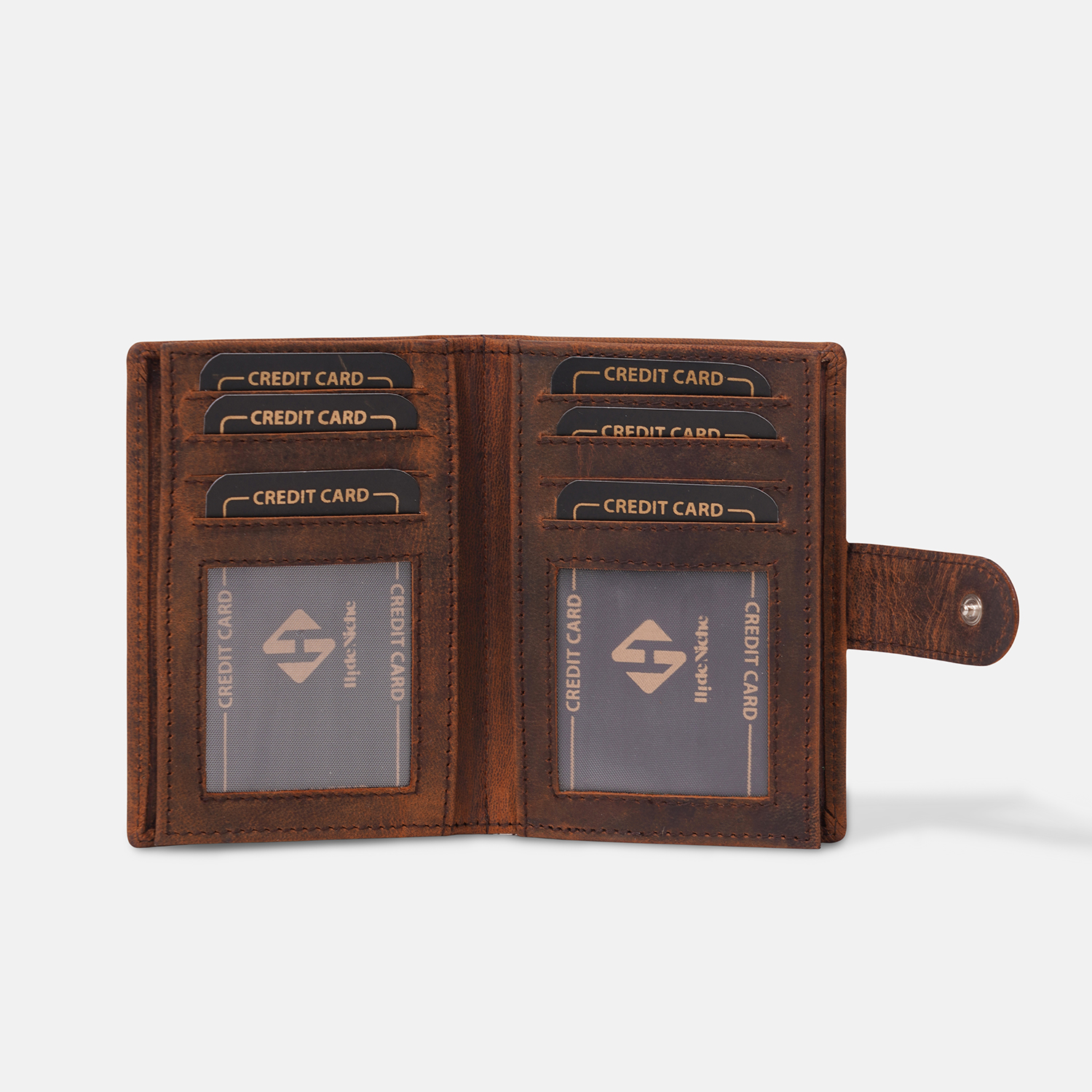 Premium Brown Leather Multi-Card Wallet with ID Windows & Snap Closure - Image 4