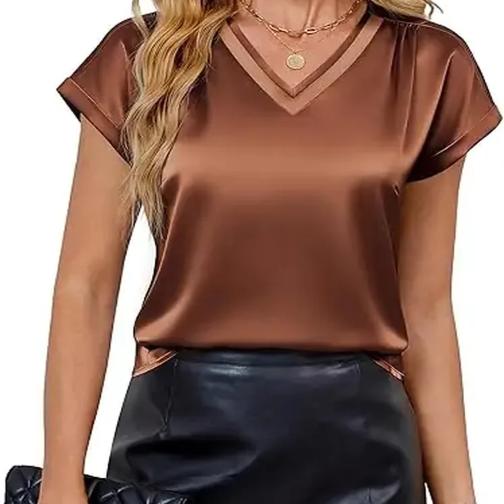 Blooming Jelly Women Satin Mesh V Neck Blouses Short Cap Sleeve Tops Business Casual Summer Work Trendy Outfits