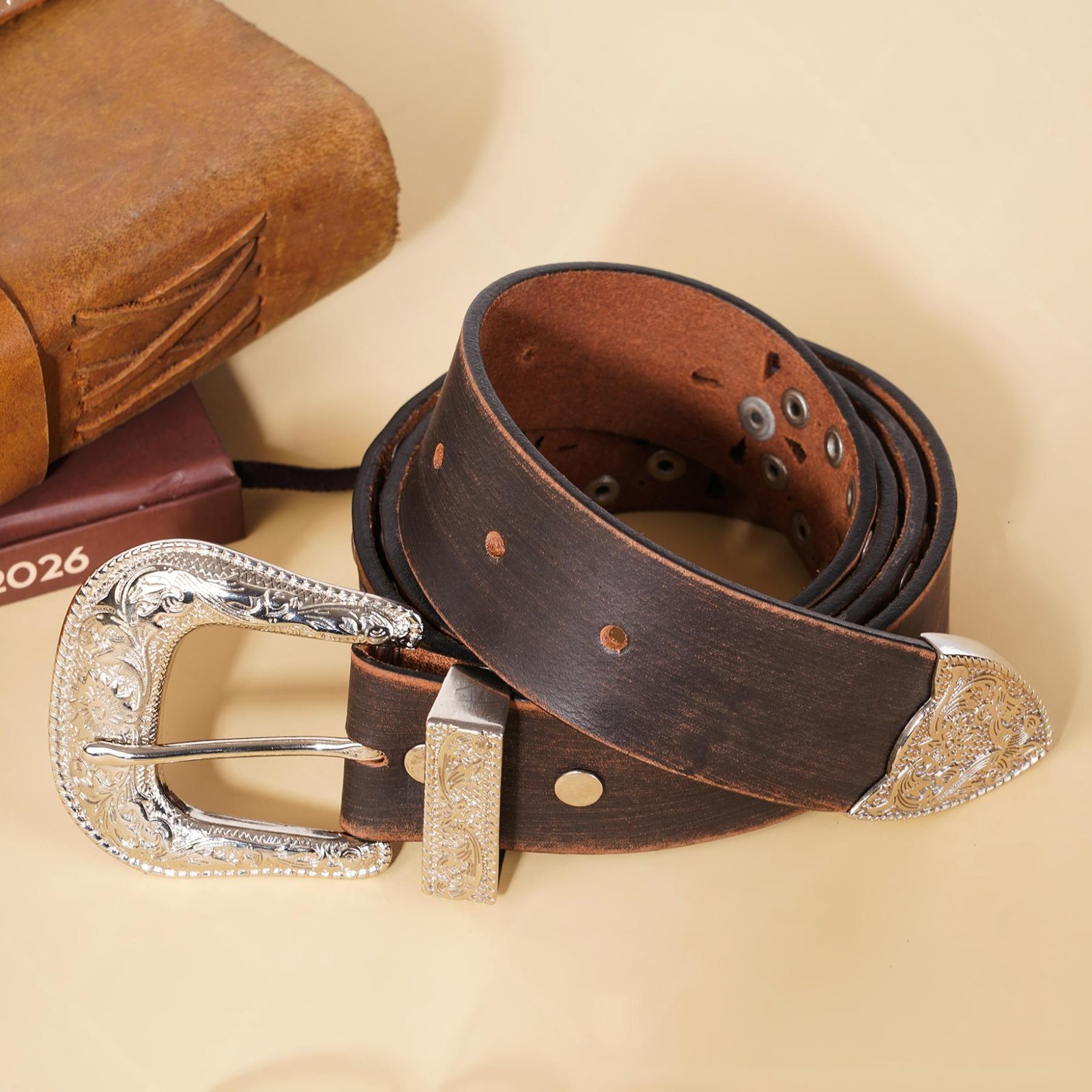 Vintage Brown Genuine Leather Belt with Engraved Silver Buckle for Men & Women