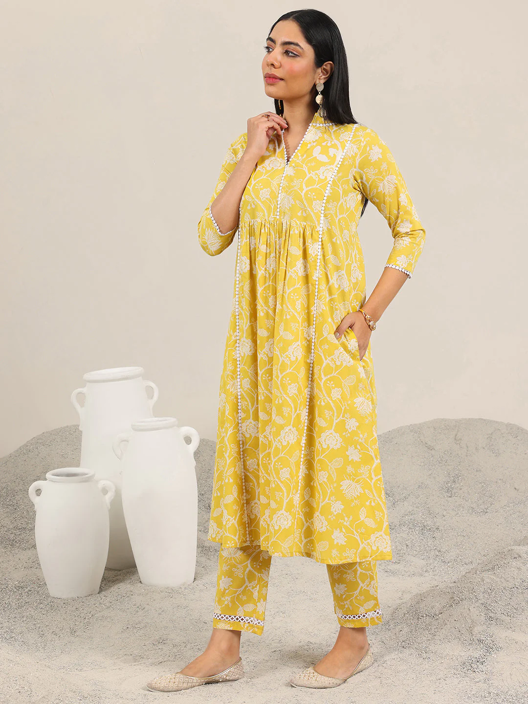 Yellow Printed Pure Cotton Straight Kurta Set - Image 2