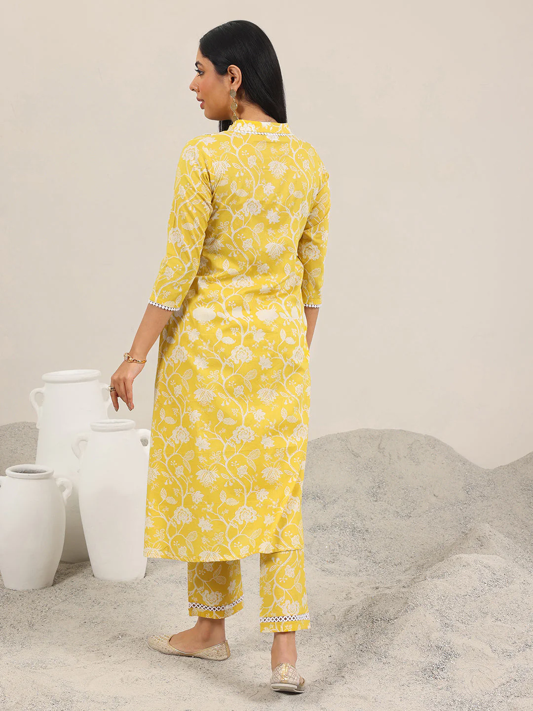 Yellow Printed Pure Cotton Straight Kurta Set - Image 3