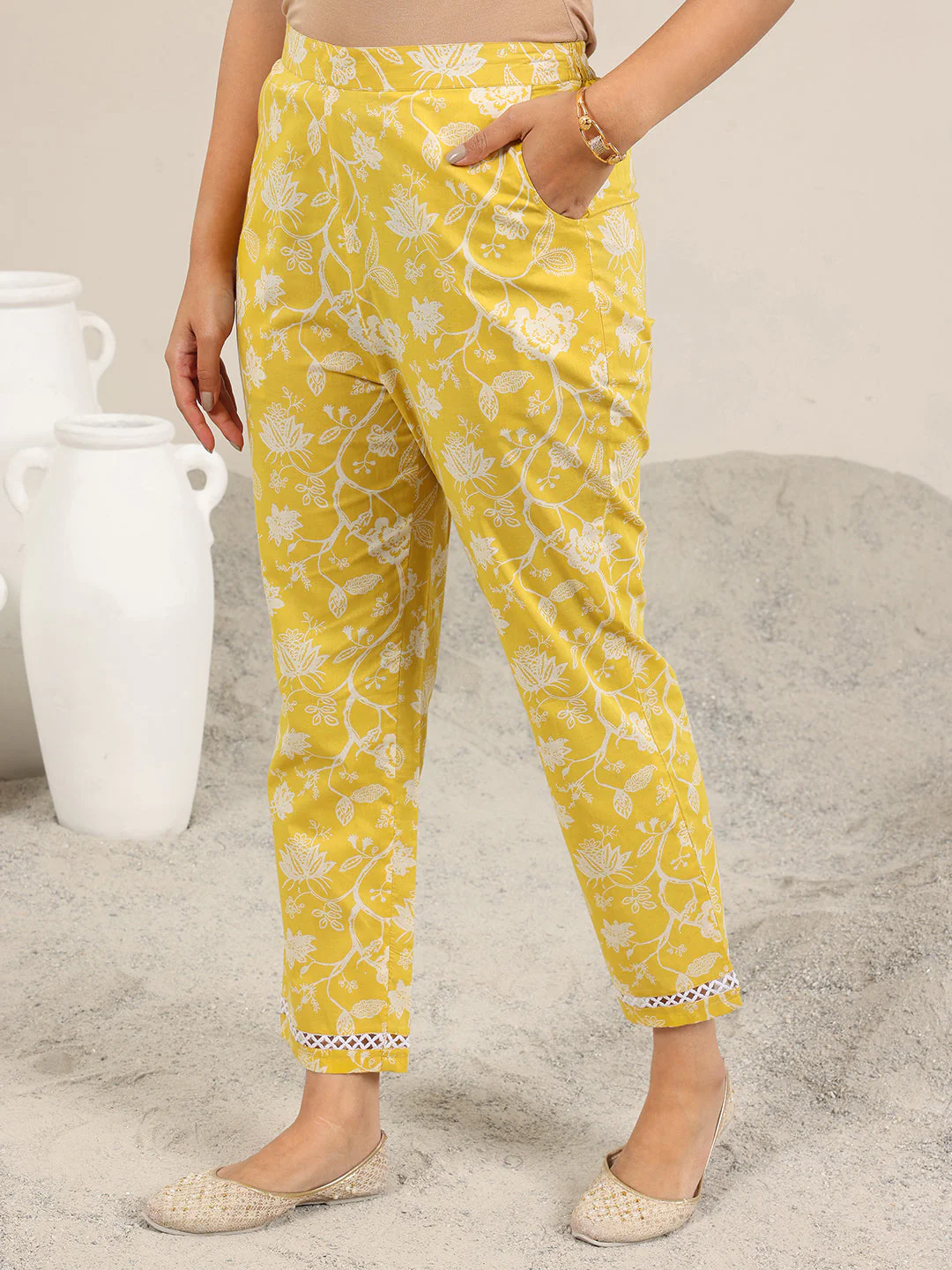 Yellow Printed Pure Cotton Straight Kurta Set - Image 4