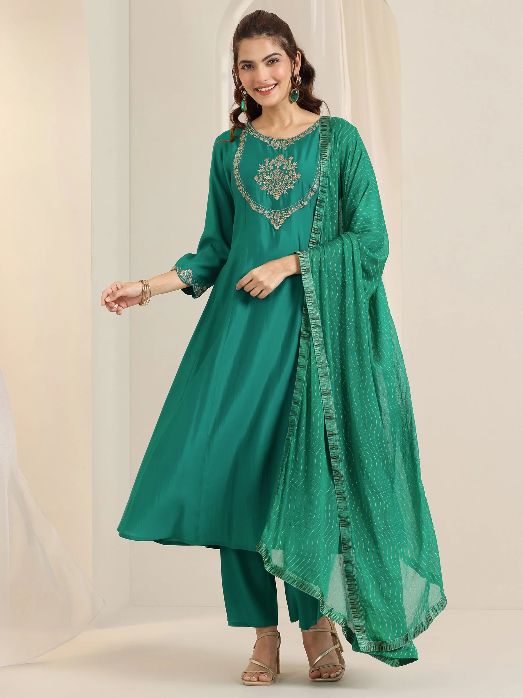 Teal Yoke Design Silk Blend A-Line Suit Set With Dupatta