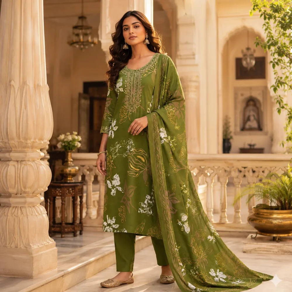 Olive Green Printed Kurta Pant & Dupatta Set