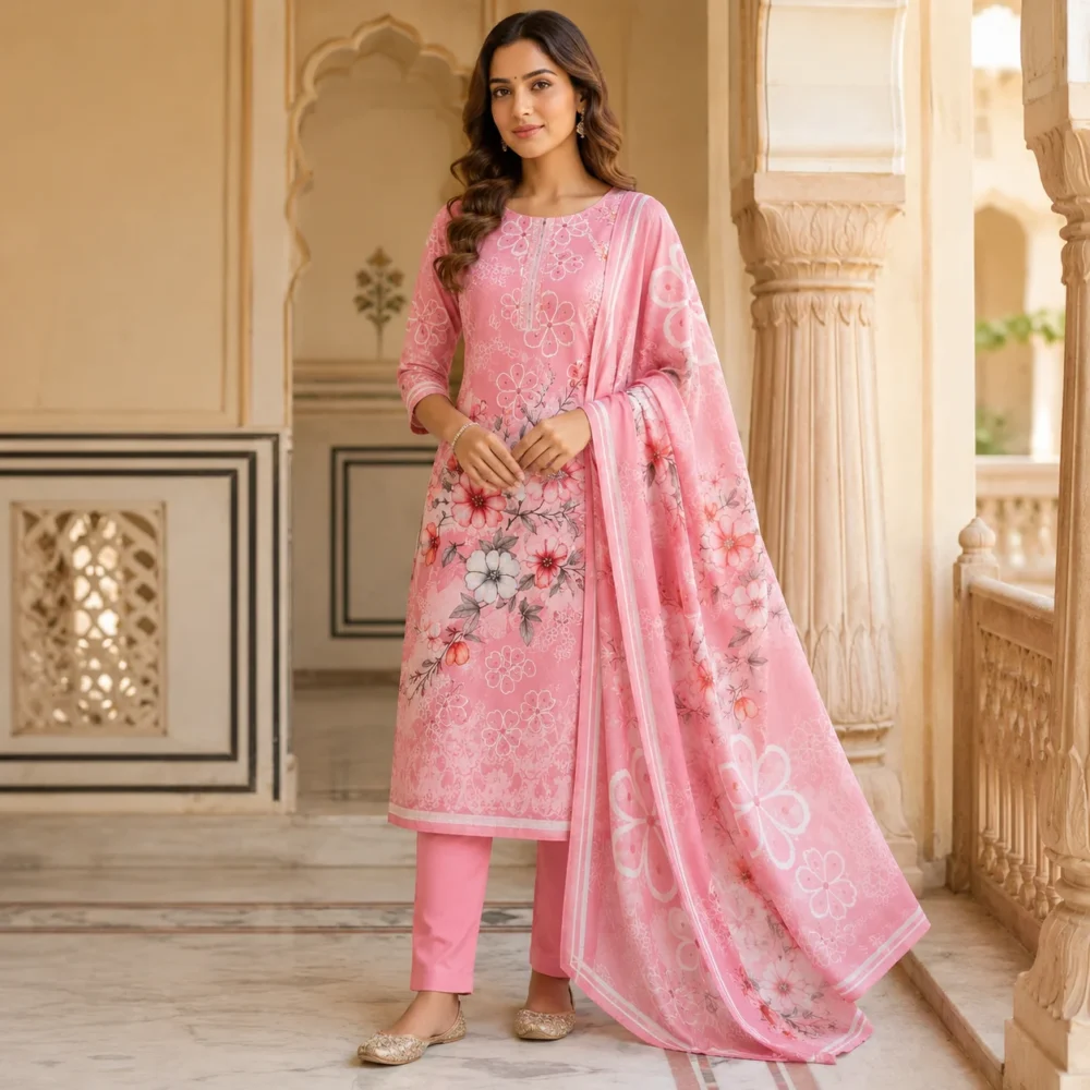 Pink Floral Printed Kurta Pant Dupatta Set
